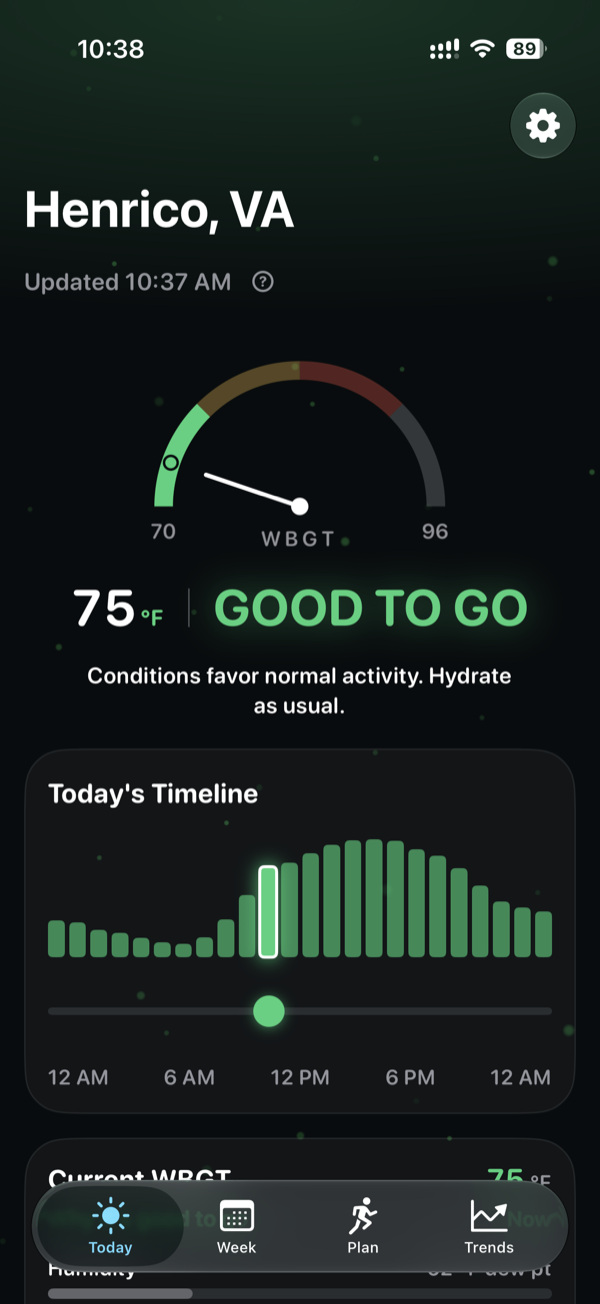 Swelter Today screen: WBGT gauge at 75°F with a GOOD TO GO flag and an all-green hourly timeline