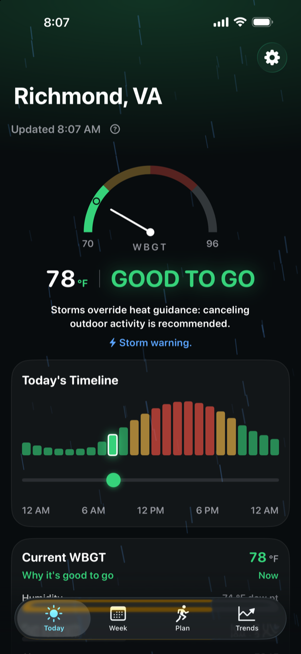 Rainy ambient backdrop with a storm warning: storms override heat guidance and canceling outdoor activity is recommended