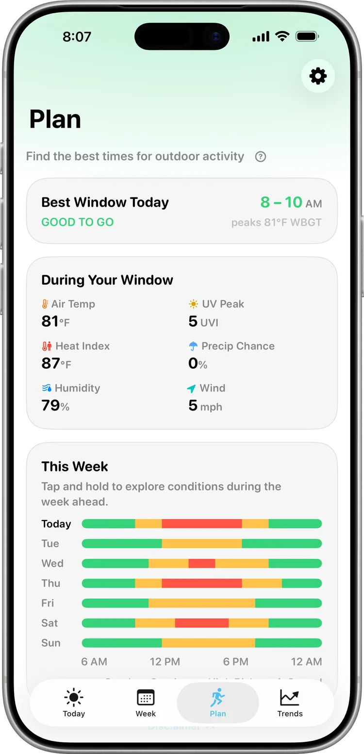 Swelter Plan tab finding today's best window for outdoor activity