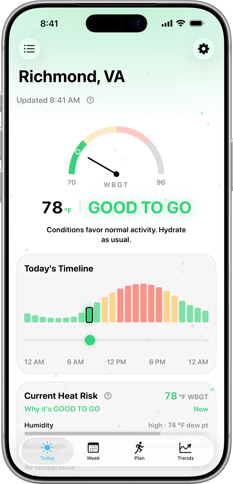 Swelter WBGT app on iPhone: 78°F with a GOOD TO GO flag and today's hourly timeline