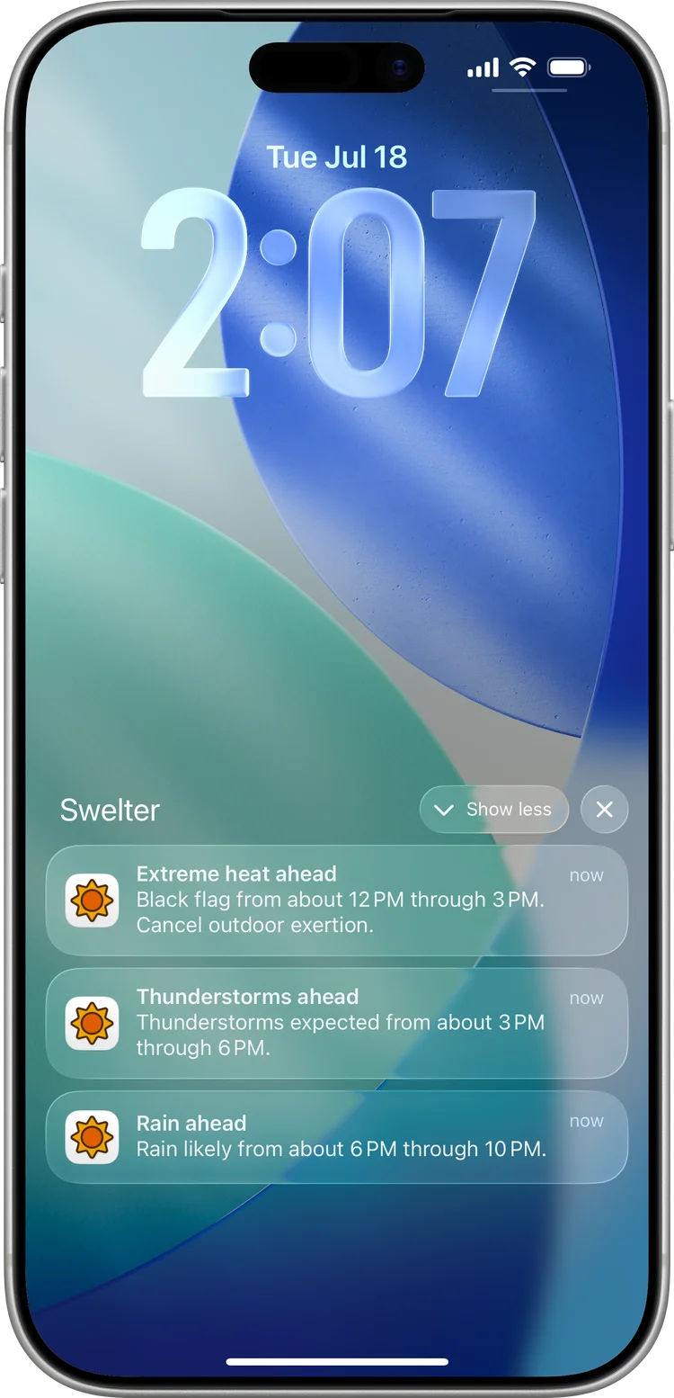 Swelter heat alerts on the iPhone Lock Screen: extreme heat ahead, thunderstorms ahead, and rain ahead notifications