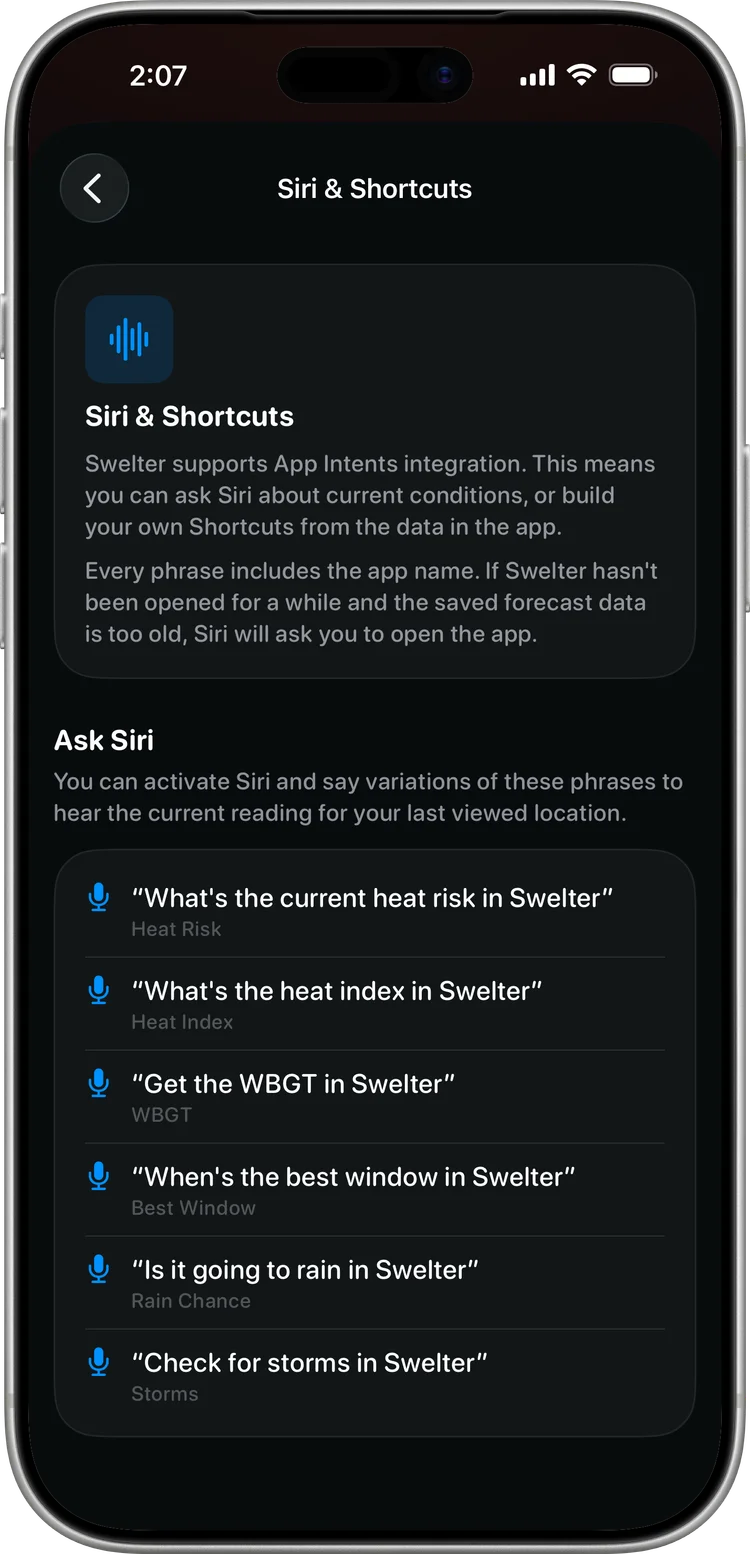 Swelter Siri and Shortcuts screen with example phrases like asking for the current heat risk or today's best window