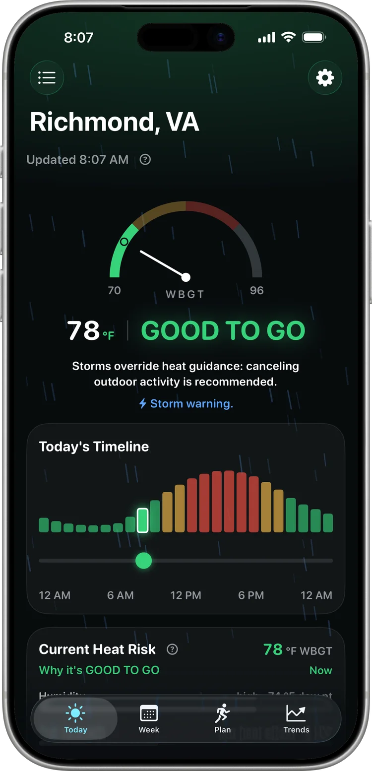 Rainy ambient backdrop in Swelter: a storm warning notes canceling outdoor activity is recommended over a GOOD TO GO reading