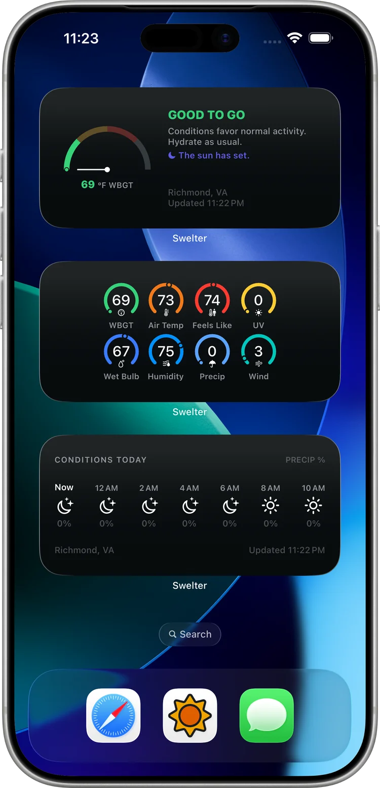 Swelter Home Screen widgets on iPhone: WBGT gauge with GOOD TO GO and current condition dials
