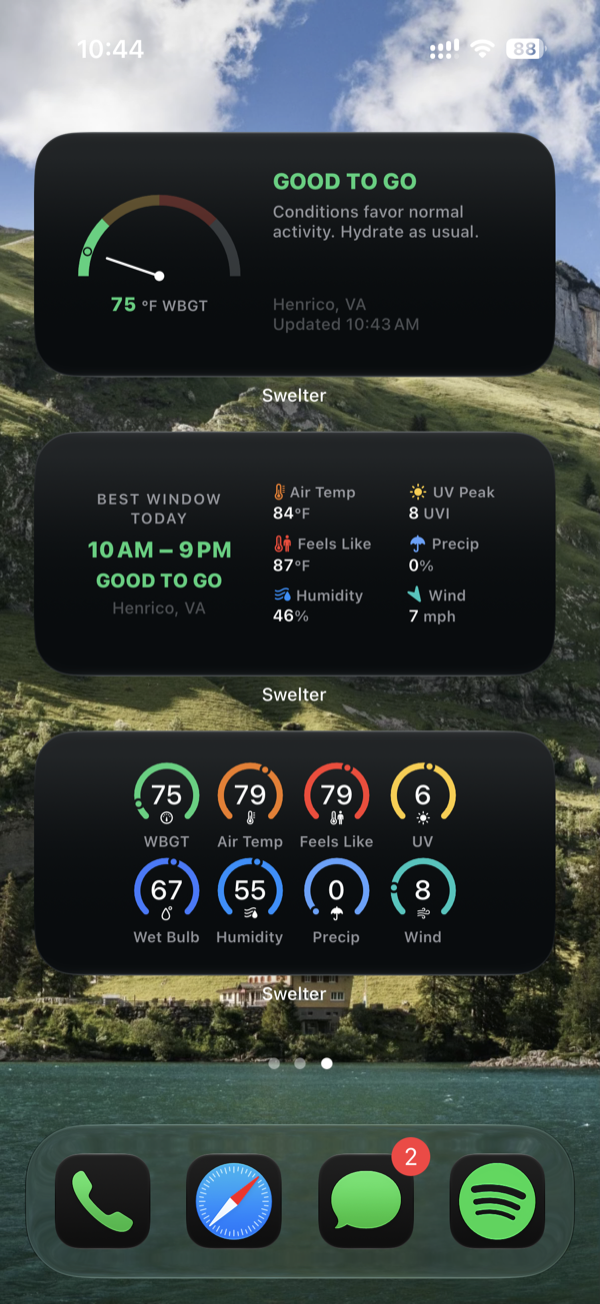 Swelter Home Screen widgets: WBGT gauge with GOOD TO GO, best window today, and current condition dials